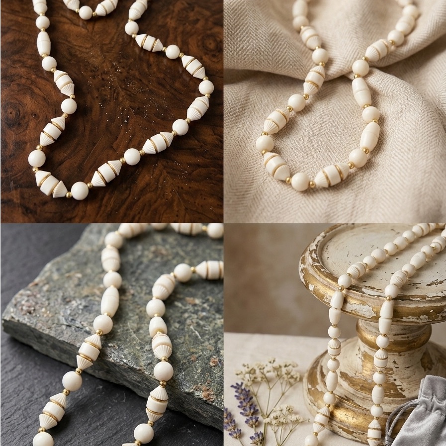 Vintage White Ribbed Bead Necklace-Retro